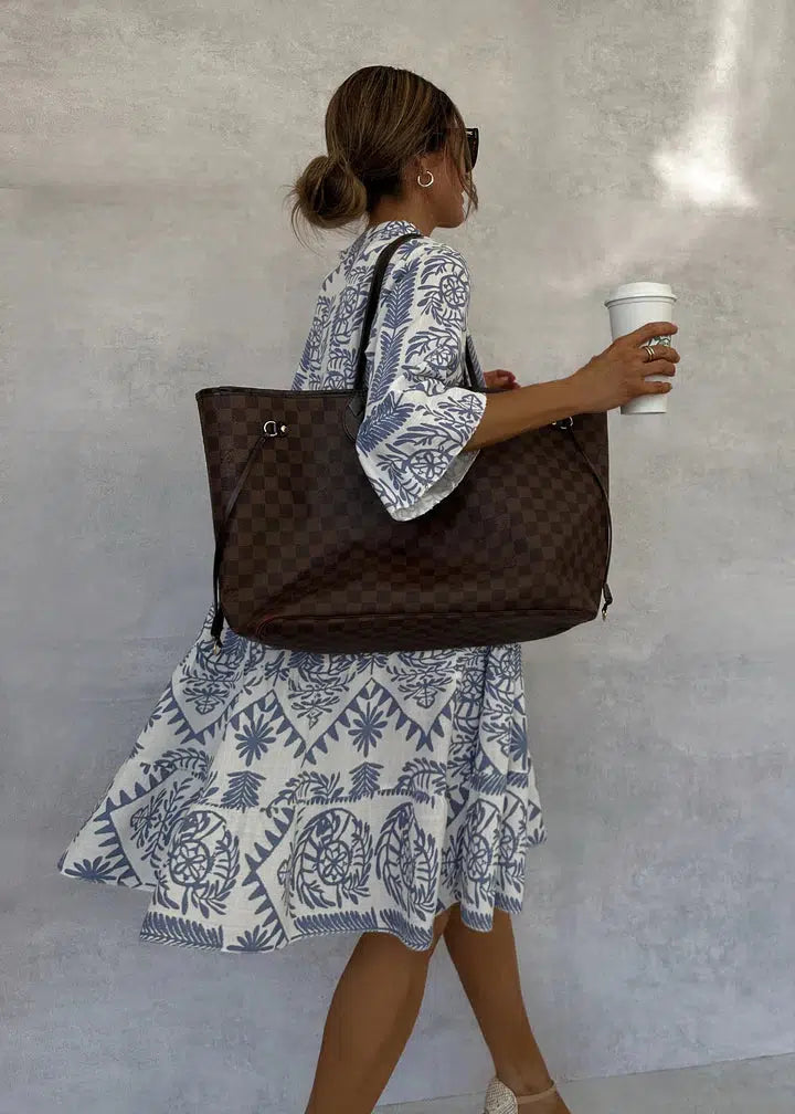 Rosette Clairmont | Blue & White Boho Print V-Neck Swing Dress