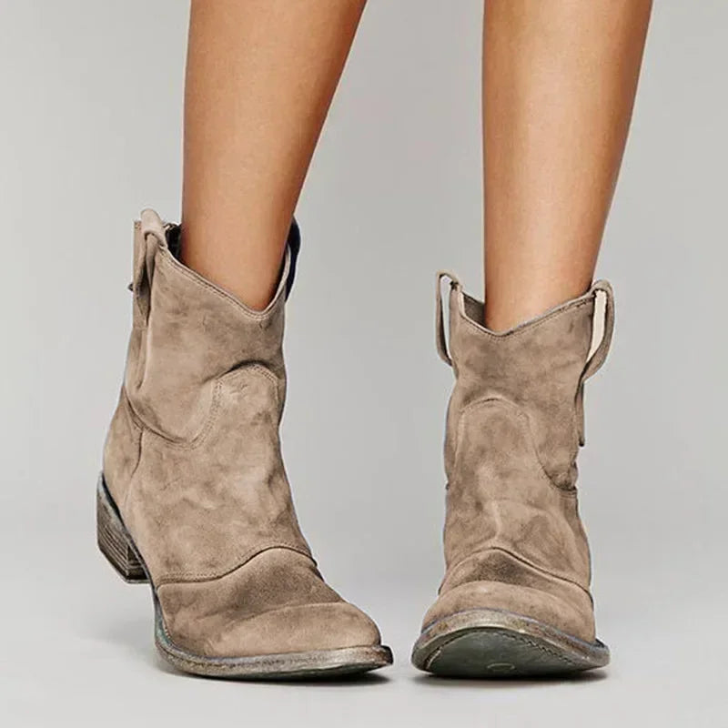 Aurelie Stonecroft | Suede Western Cowboy Ankle Boots in Taupe
