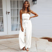 Clarisse Fontenard | Strapless Tie Waist Wide Leg Jumpsuit in Beige