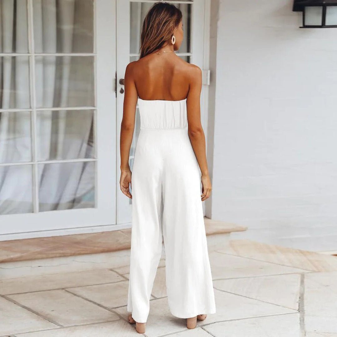 Clarisse Fontenard | Strapless Tie Waist Wide Leg Jumpsuit in Beige