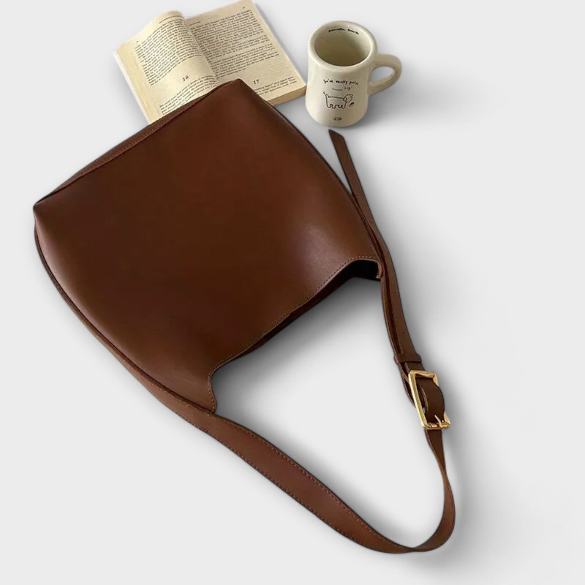 Vivienne Harcastle | Tan Faux Leather Shoulder Bag with Gold Buckle