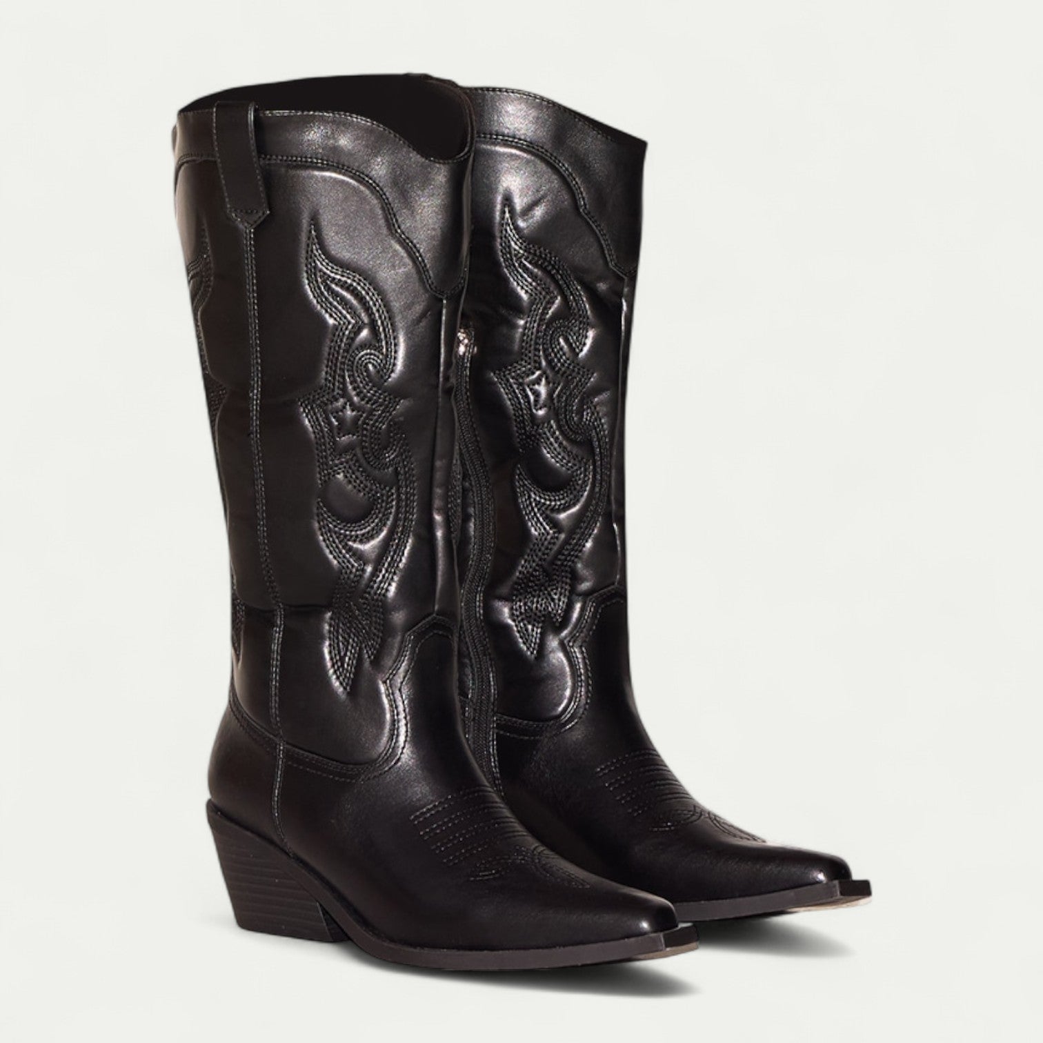 Nadine Blackwell | Black Western Calf-High Pointed Toe Boots