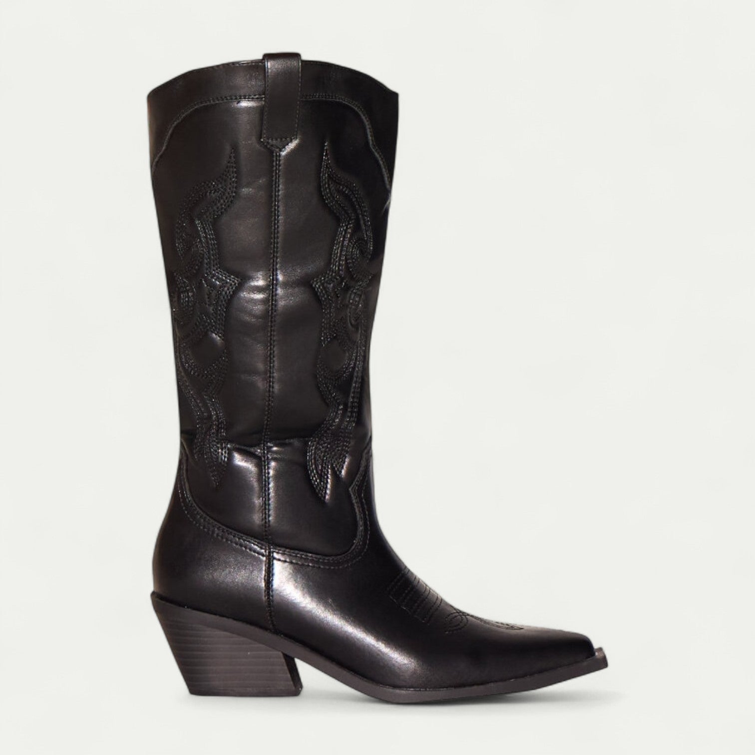Nadine Blackwell | Black Western Calf-High Pointed Toe Boots