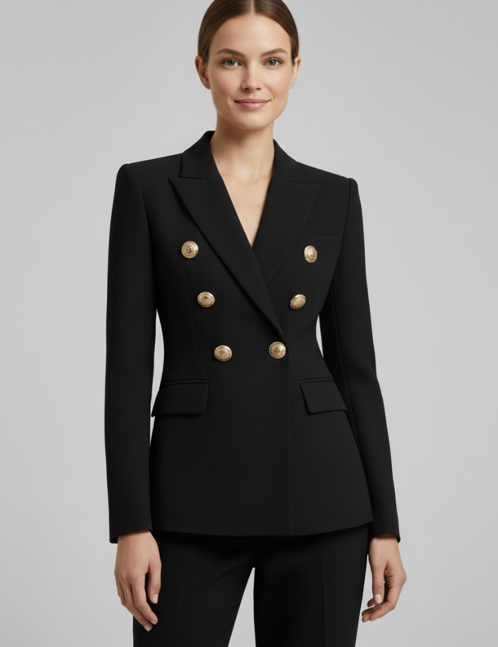 Clarissa Beaumont | Black Double-Breasted Blazer with Gold-Tone Buttons