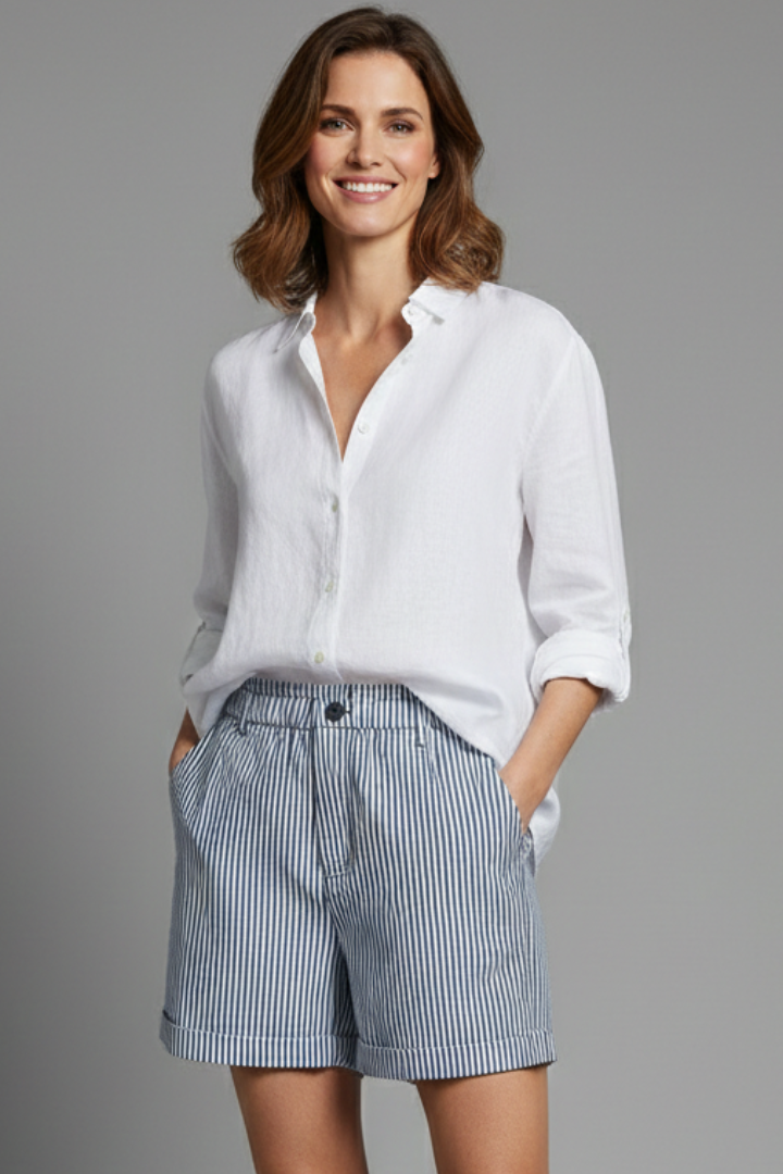 Christelle Vauvray | Women's Navy Striped High Waist Tailored Shorts