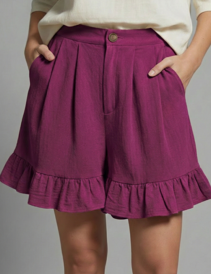 Eloise Fairbanks | High Waist Ruffle Hem Casual Shorts in Camel