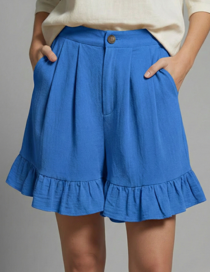 Eloise Fairbanks | High Waist Ruffle Hem Casual Shorts in Camel