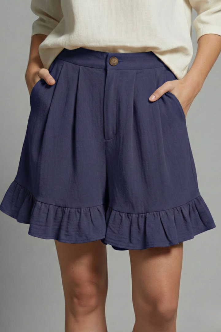 Eloise Fairbanks | High Waist Ruffle Hem Casual Shorts in Camel