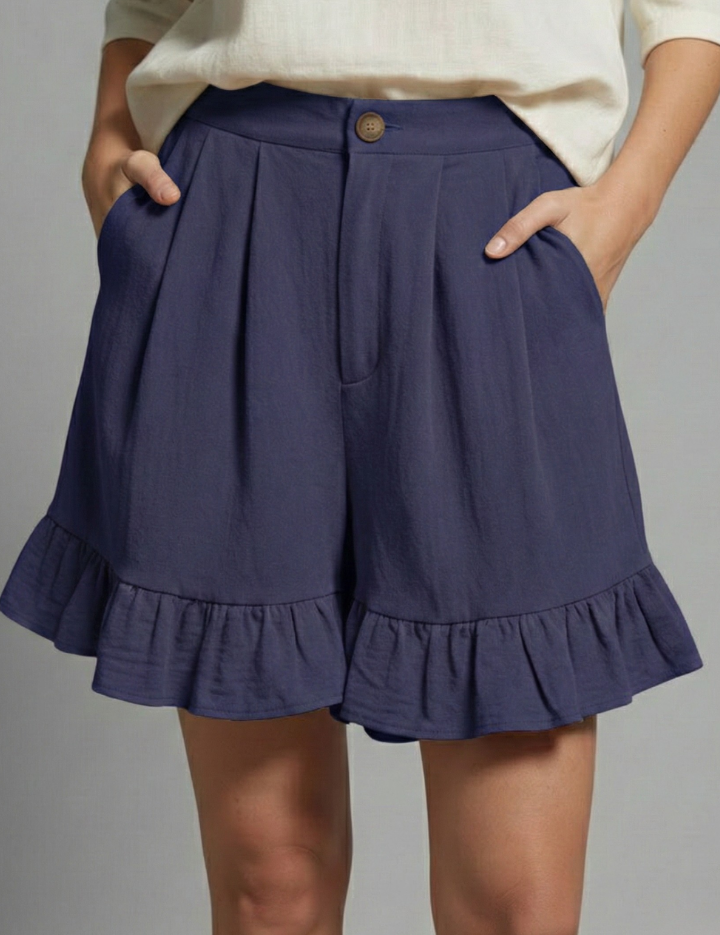 Eloise Fairbanks | High Waist Ruffle Hem Casual Shorts in Camel
