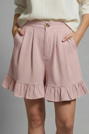 Eloise Fairbanks | High Waist Ruffle Hem Casual Shorts in Camel