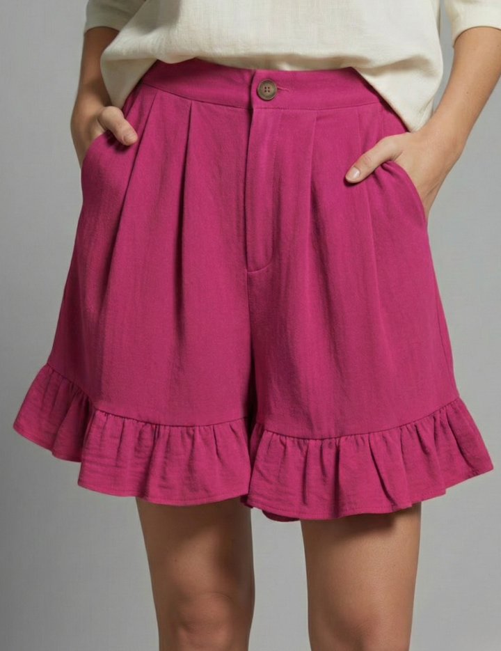 Eloise Fairbanks | High Waist Ruffle Hem Casual Shorts in Camel