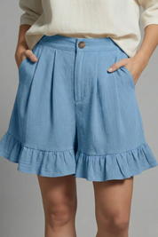 Eloise Fairbanks | High Waist Ruffle Hem Casual Shorts in Camel