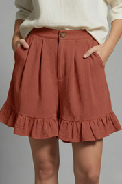 Eloise Fairbanks | High Waist Ruffle Hem Casual Shorts in Camel