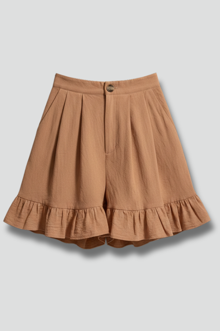 Eloise Fairbanks | High Waist Ruffle Hem Casual Shorts in Camel
