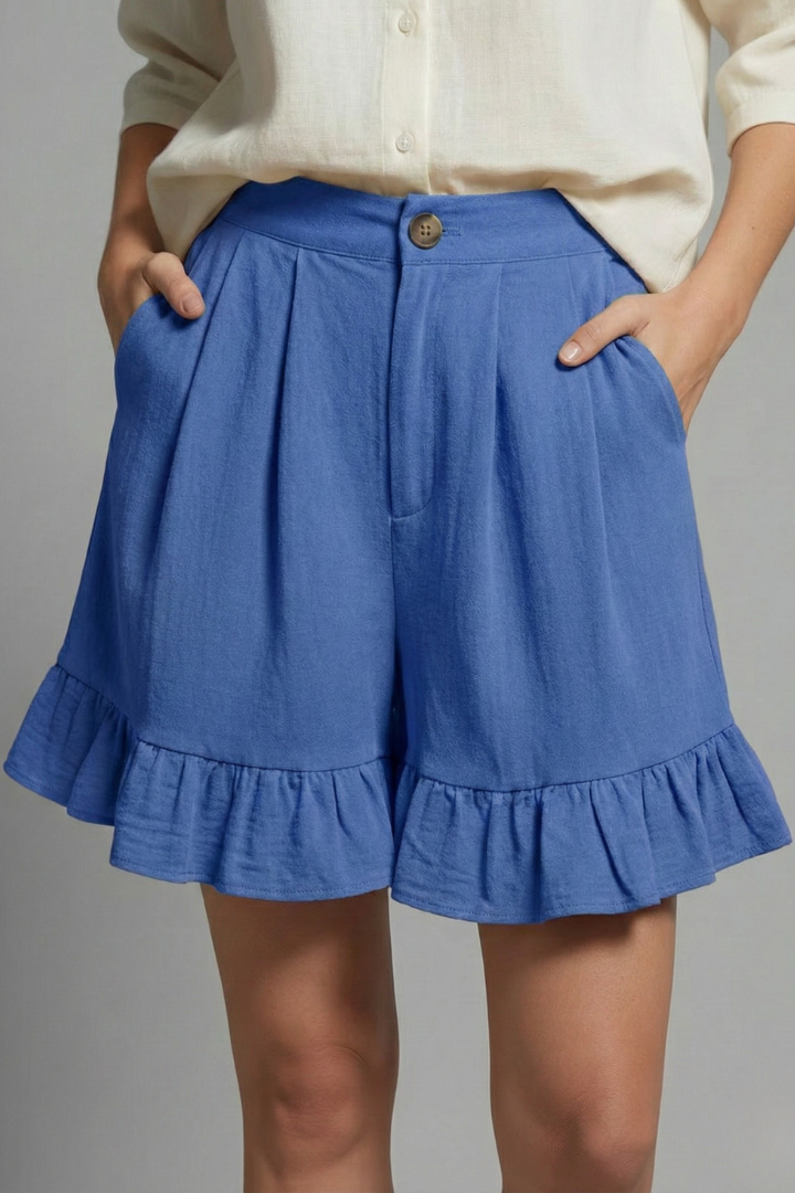 Eloise Fairbanks | High Waist Ruffle Hem Casual Shorts in Camel