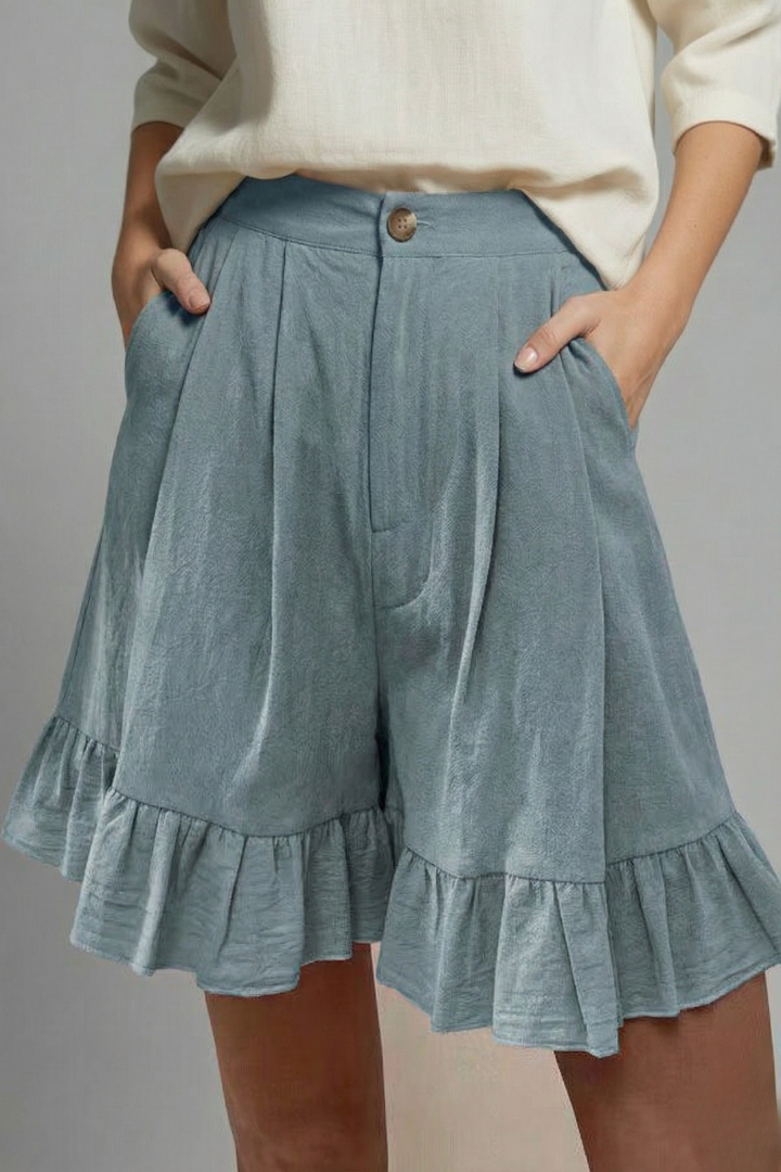 Eloise Fairbanks | High Waist Ruffle Hem Casual Shorts in Camel