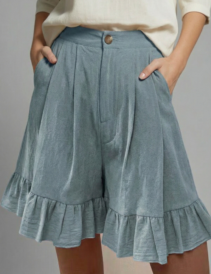 Eloise Fairbanks | High Waist Ruffle Hem Casual Shorts in Camel