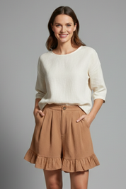 Eloise Fairbanks | High Waist Ruffle Hem Casual Shorts in Camel