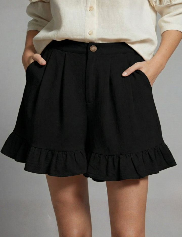 Eloise Fairbanks | High Waist Ruffle Hem Casual Shorts in Camel