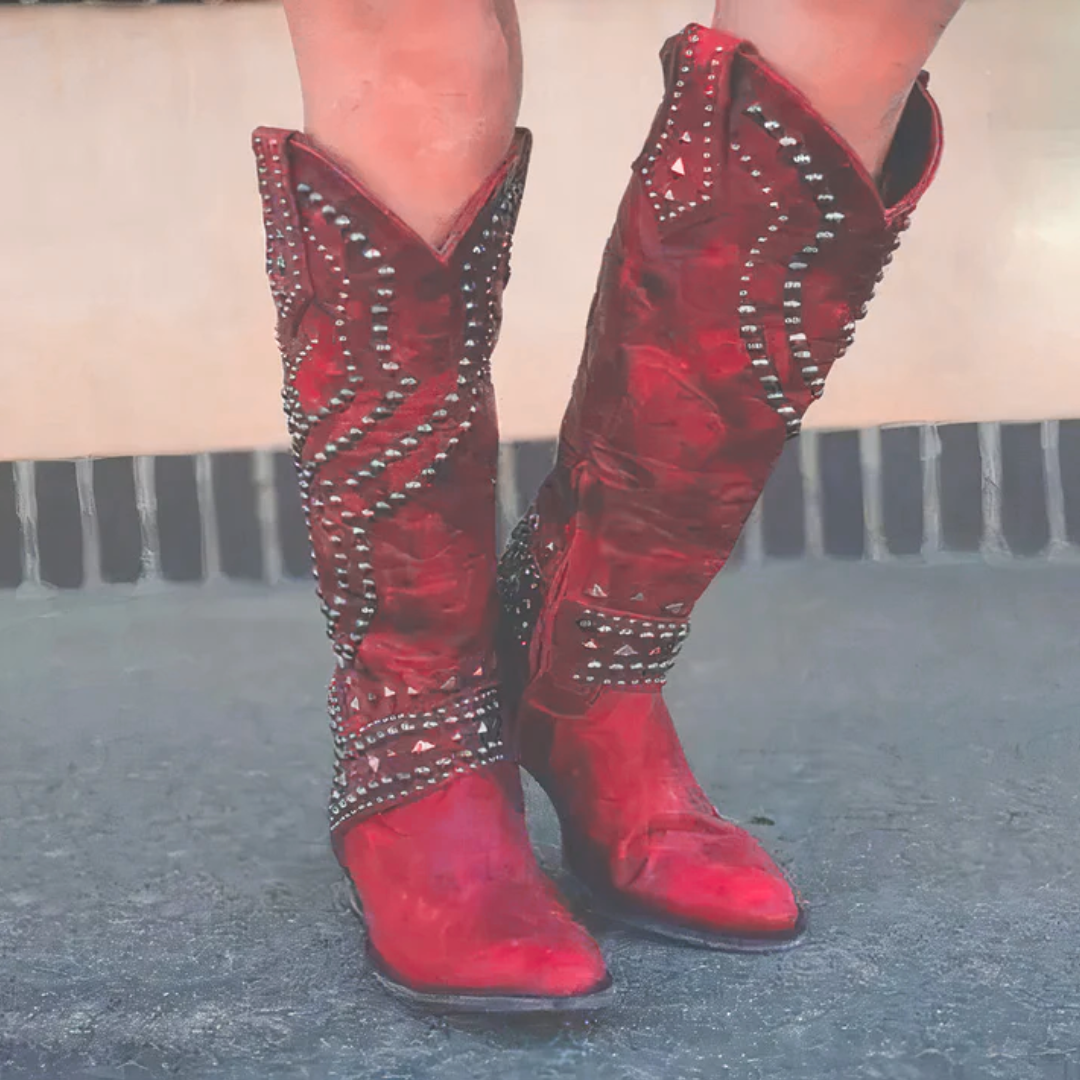 Valentina Crestbourne | Purple Studded Knee-High Western Boots