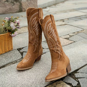 Lorraine Dubois | Women's Tan Suede Embroidered Cowboy Boots with Block Heel