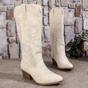 Lorraine Dubois | Women's Tan Suede Embroidered Cowboy Boots with Block Heel