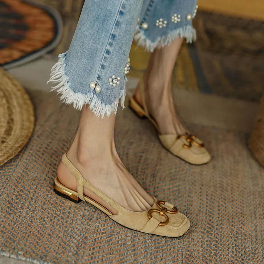Mirielle Fonsworth | Navy Blue Suede Slingback Sandals with Gold Buckle