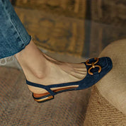 Mirielle Fonsworth | Navy Blue Suede Slingback Sandals with Gold Buckle