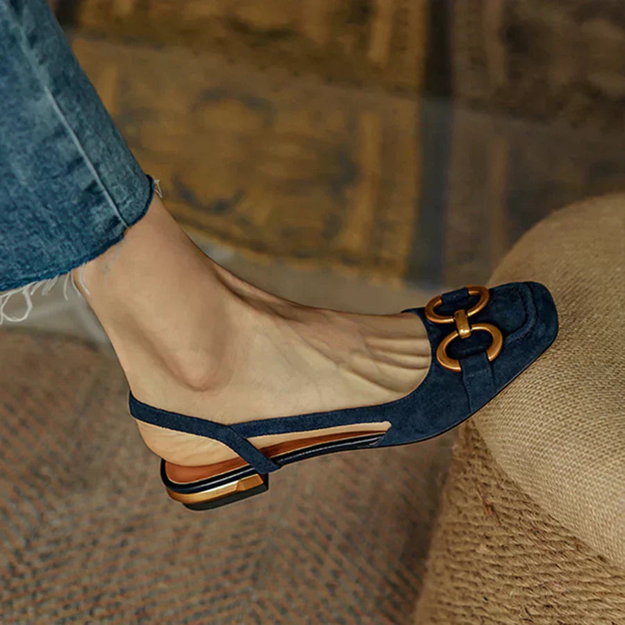 Mirielle Fonsworth | Navy Blue Suede Slingback Sandals with Gold Buckle