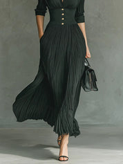 Vivienne Lacrosse | Black Pleated Maxi Dress with Fitted Waist