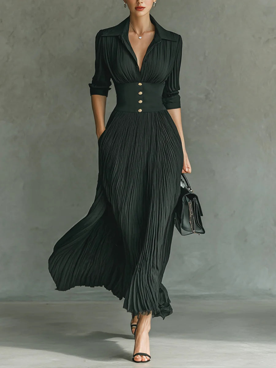 Vivienne Lacrosse | Black Pleated Maxi Dress with Fitted Waist