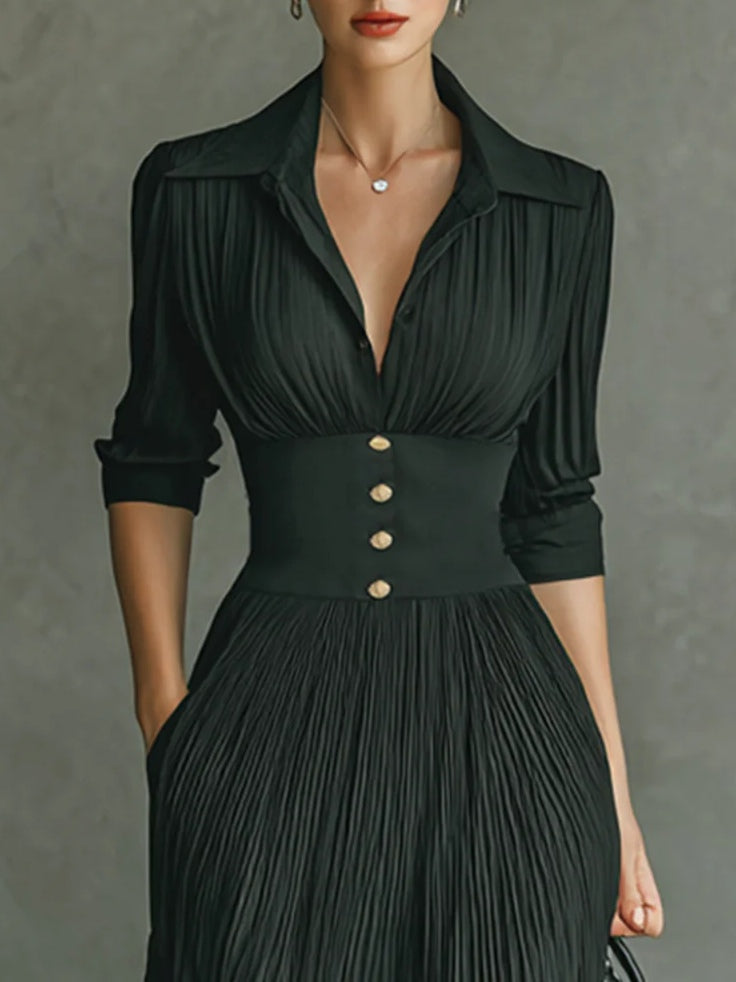 Vivienne Lacrosse | Black Pleated Maxi Dress with Fitted Waist