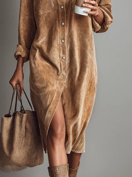 Rosalind Chanteclair | Camel Corduroy Midi Shirt Dress