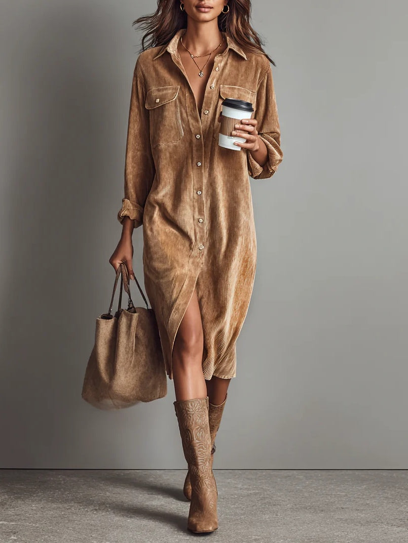 Rosalind Chanteclair | Camel Corduroy Midi Shirt Dress
