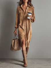 Rosalind Chanteclair | Camel Corduroy Midi Shirt Dress
