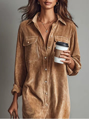 Rosalind Chanteclair | Camel Corduroy Midi Shirt Dress