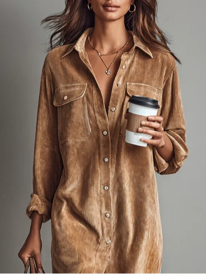 Rosalind Chanteclair | Camel Corduroy Midi Shirt Dress