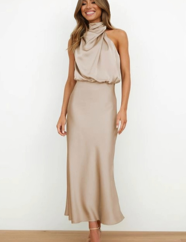 Théodeline Beauvaux | Sage Green Satin Halter Midi Dress