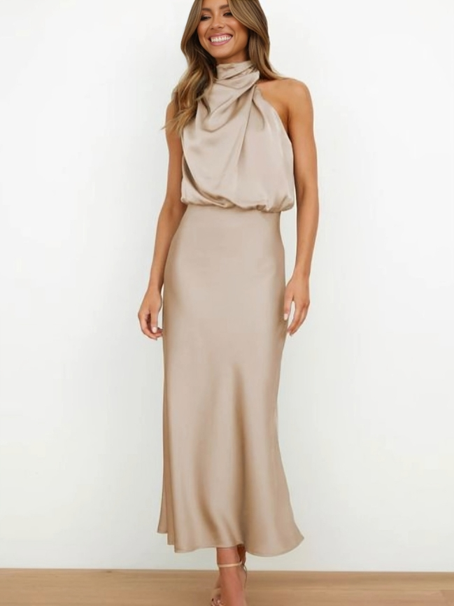 Théodeline Beauvaux | Sage Green Satin Halter Midi Dress