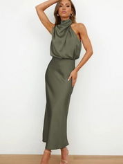 Théodeline Beauvaux | Sage Green Satin Halter Midi Dress
