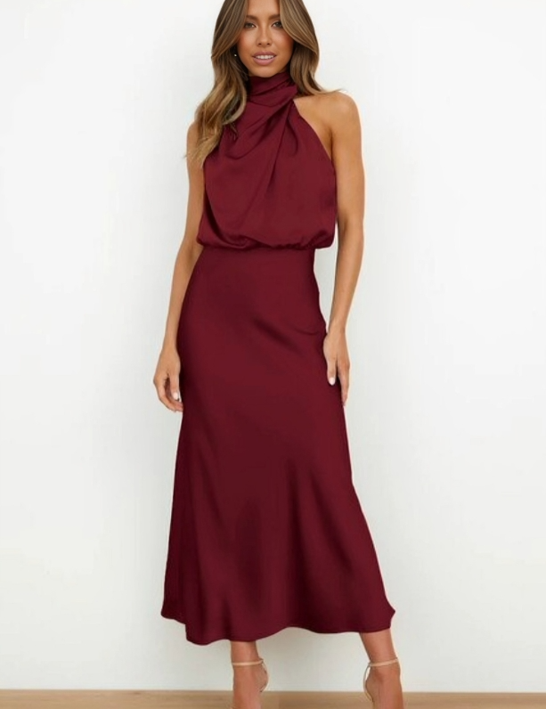 Théodeline Beauvaux | Sage Green Satin Halter Midi Dress