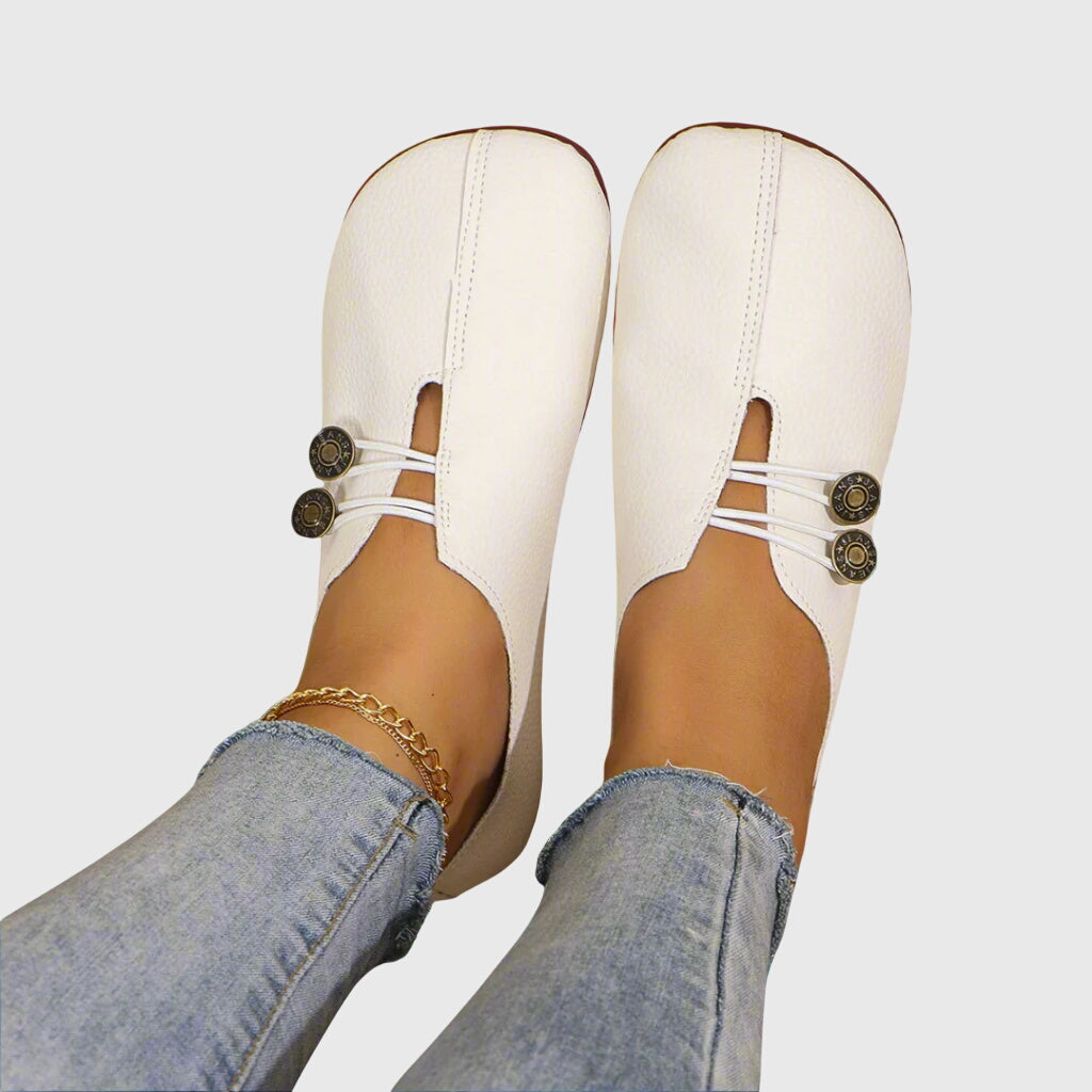 Eleonora Ravensfield | Vintage Brown Suede Slip-On Flats with Button Detail