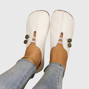 Eleonora Ravensfield | Vintage Brown Suede Slip-On Flats with Button Detail