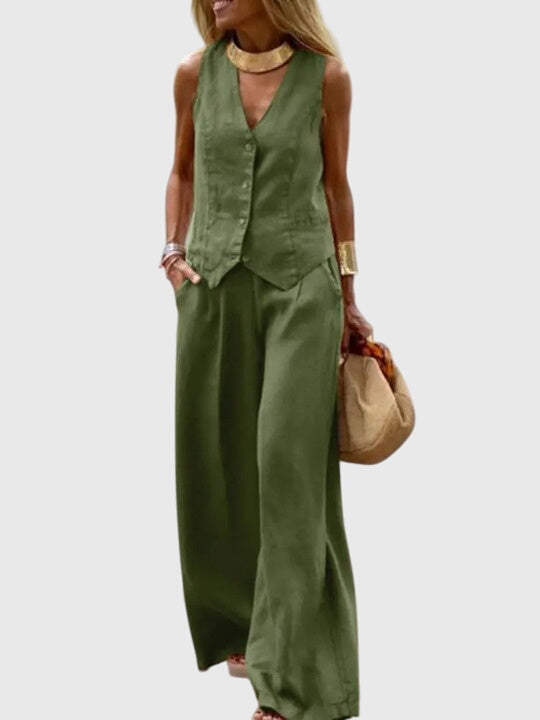 Céline Beauvernet | Khaki Linen-Look Wide-Leg Two-Piece Vest Set