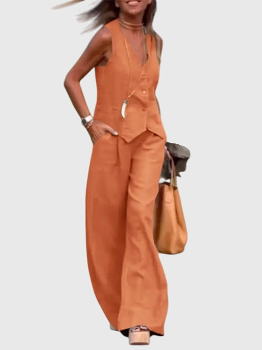 Céline Beauvernet | Khaki Linen-Look Wide-Leg Two-Piece Vest Set