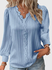 Amélie Chanteclair | Yellow Lace Trim V-Neck Long Sleeve Blouse