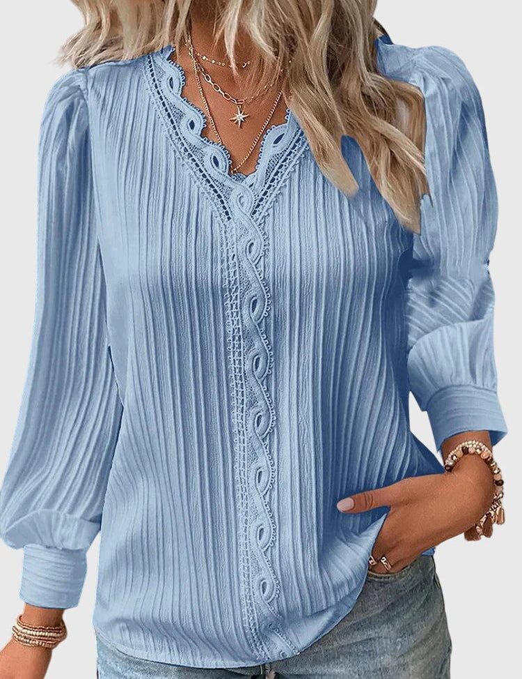 Amélie Chanteclair | Yellow Lace Trim V-Neck Long Sleeve Blouse
