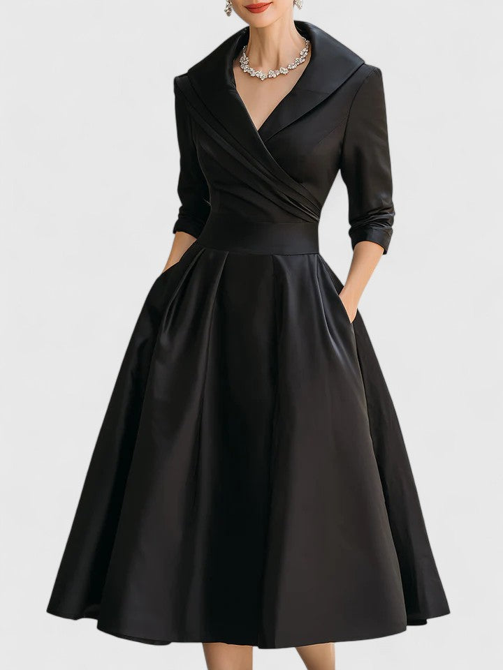 Rosalinde Chantecourt | Black A-Line Midi Dress with 3/4 Sleeves