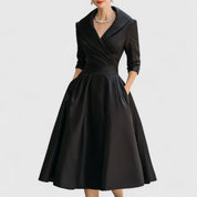 Margolaine Sinclair | Navy Blue A-Line Satin Midi Dress with 3/4 Sleeves