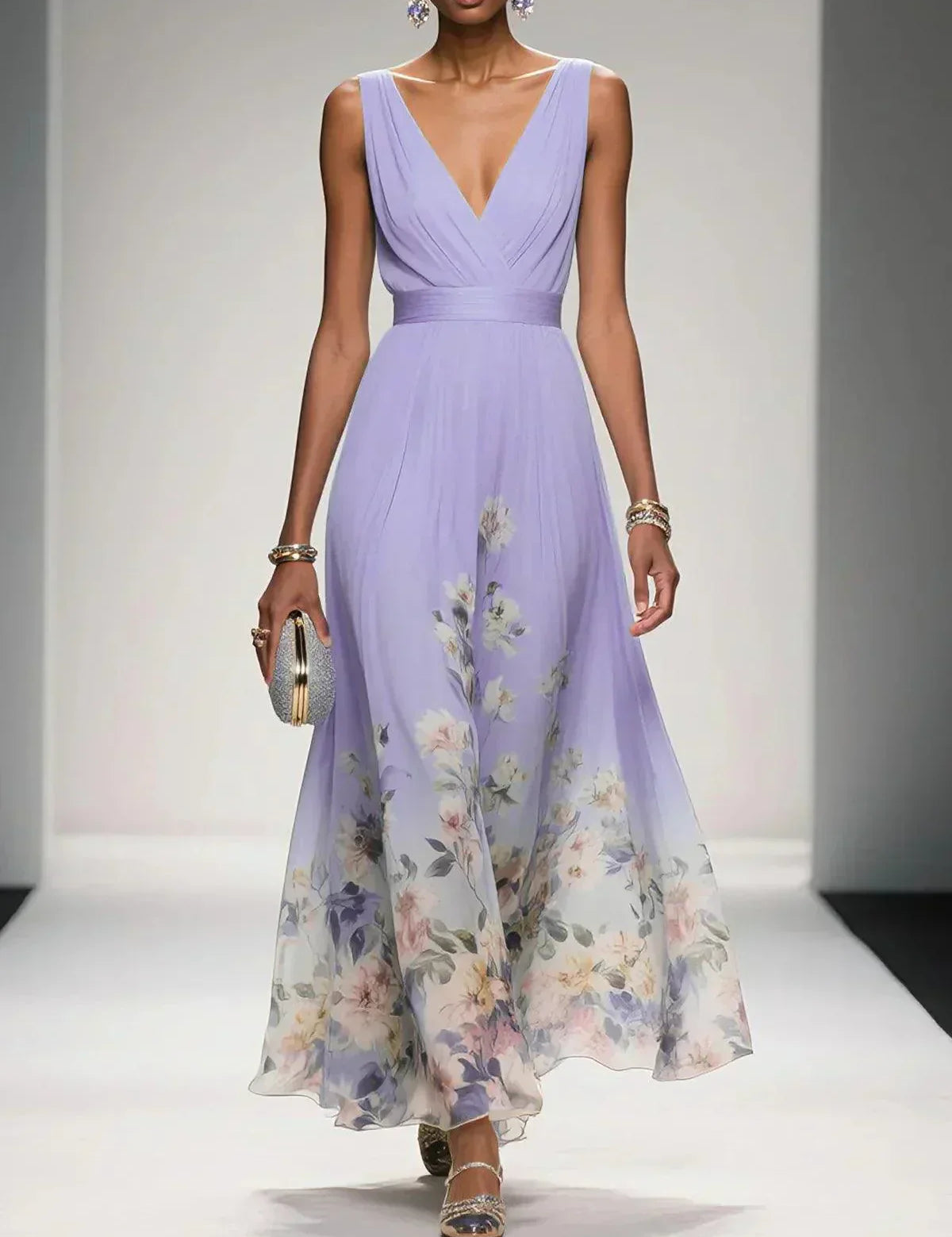 Venetia Somerleigh | Light Blue Floral Maxi V-Neck Dress